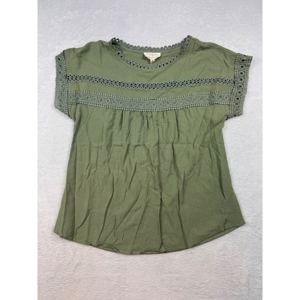 Flower & Feather Olive Green Crochet Lace Trim Boho Blouse Medium CR1959Y